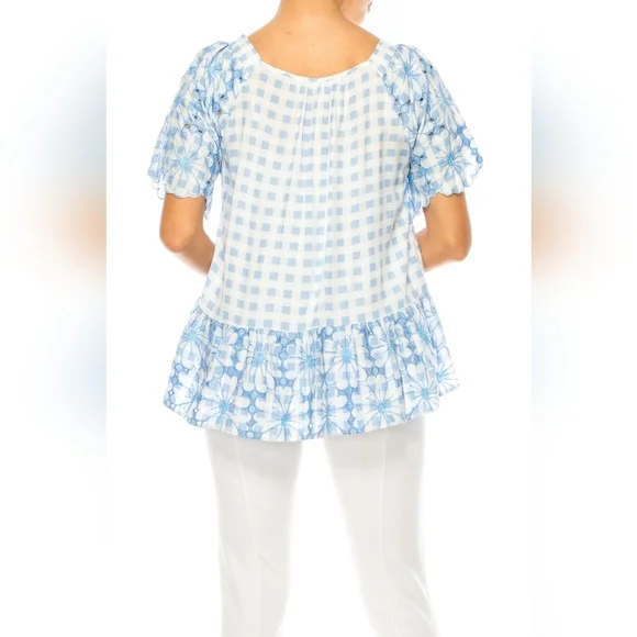 GRAND & GREENE Checkered Floral Embroidered Top NWT - Picture 2 of 8